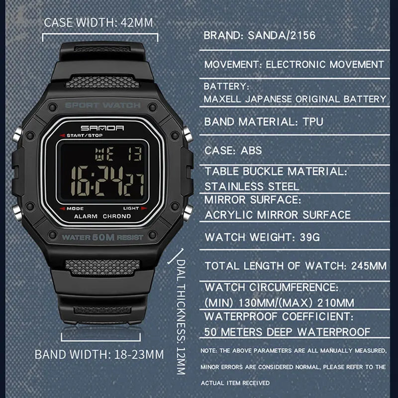 SANDA 2156 Fashion Mens Watch Military Water Resistant Sport Watches Army Big Dial Led Digital Wristwatches Stopwatches For Male